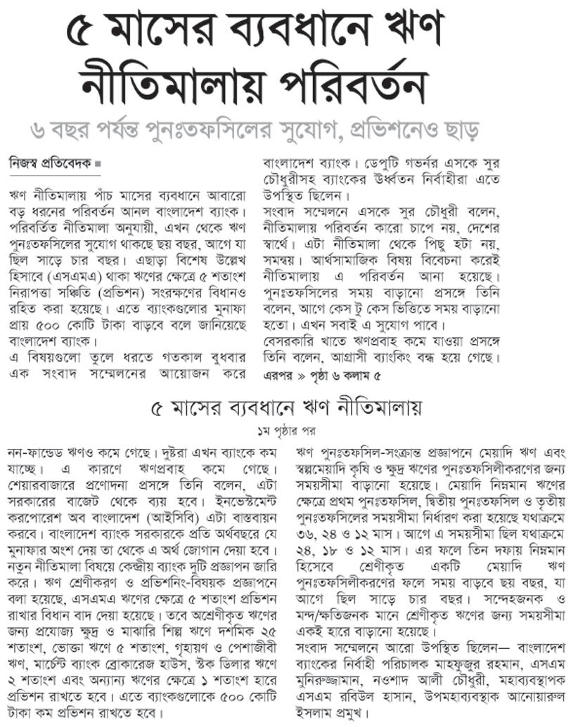 ৫ মাসের ব্যবধানে ঋণ নীতিমালায় পরিবর্তন